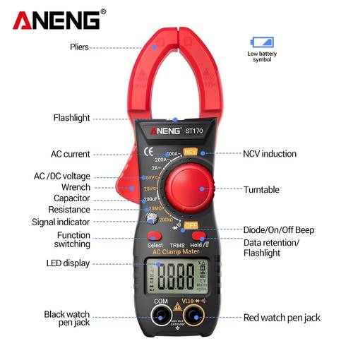 st170 multi functional clamp meter digital multimeter 500 current ac voltage tester 2000 data hz ncv ohm diode buzzer measurement tester line maintenance no battery