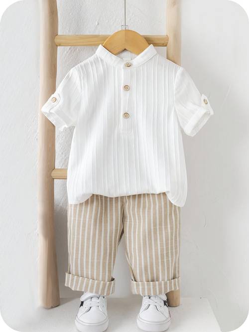 jongens zomer literaire staande kraag korte mouw shirt + gestreepte casual broek set, perfect voor buiten