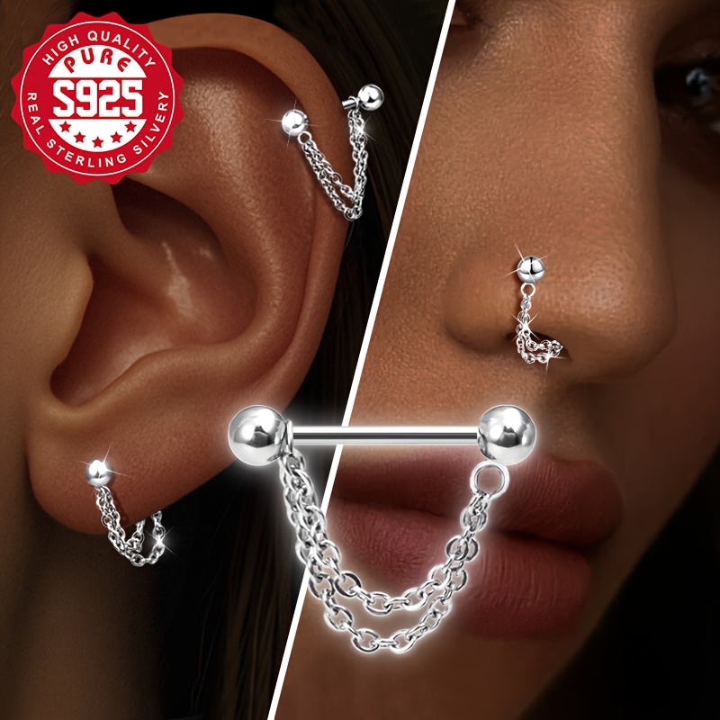 Image of A Pair, S925 Silver, Round Bead Chain Earrings, Women's Fashion Earrings, Special, Trendy Fashion, Versatile For Everyday Wear, Worn At Parties, Elegant And Exquisite Expensive, Hypoallergenic