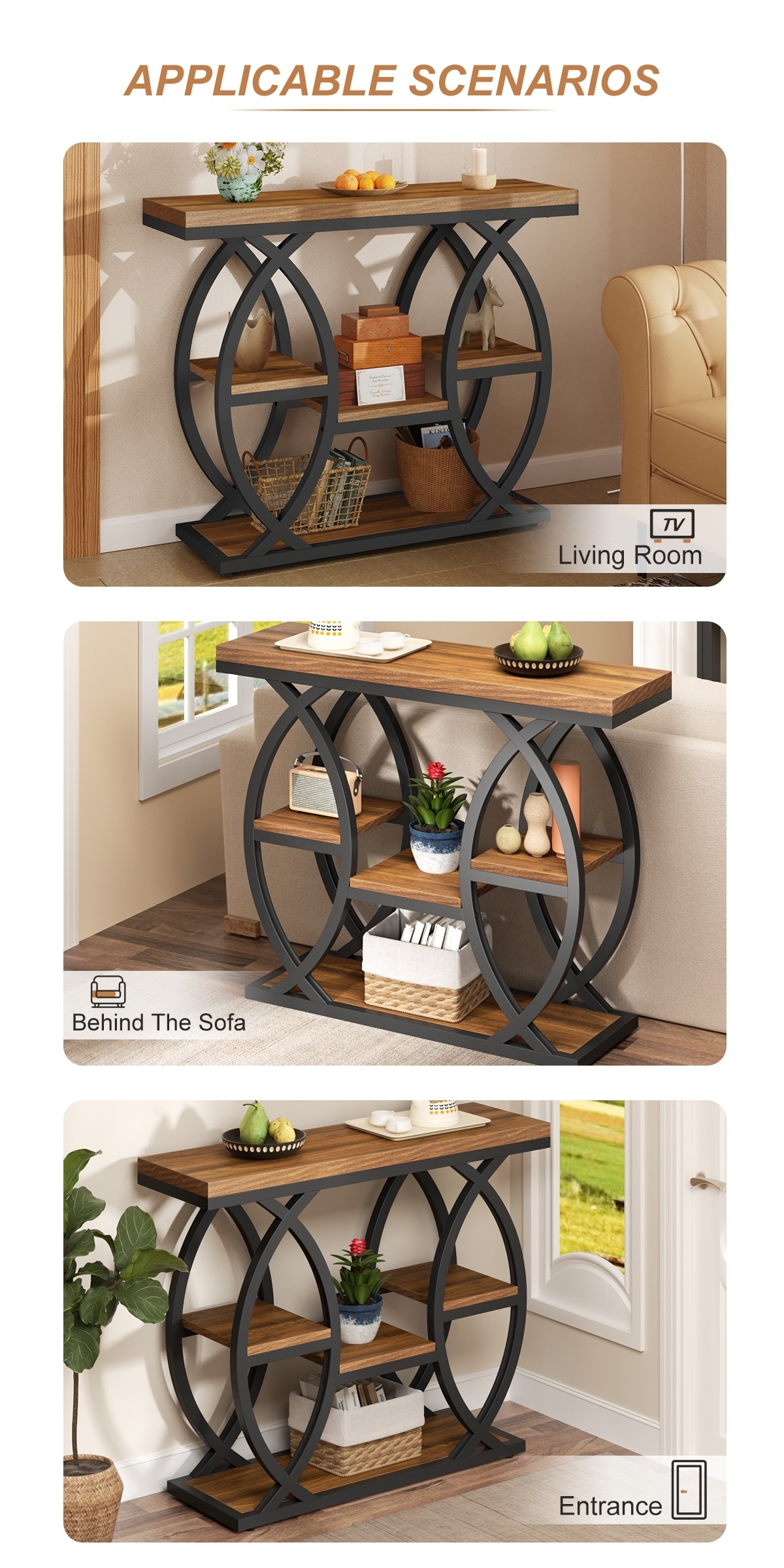 39-Inch Holiday-Themed Console Table, 4-Tier Sofa Side Table with Storage Shelves, Narrow Wood And Metal Frame Decorative Table, Suitable for Small Spaces, Hallway, Entryway, And Christmas