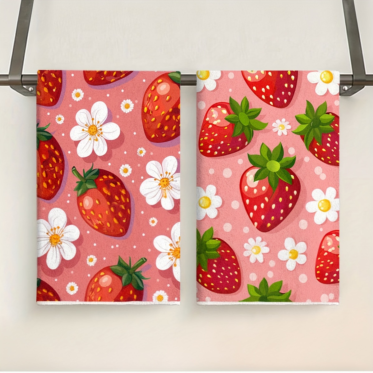 

2-pack Modern Strawberry Flowers Microfiber Dish Towels - Ultra Fine Knit Fabric Absorbent Hand Towels For Kitchen And Bathroom - Machine Washable, Fade Resistant Cartoon Themed Cleaning Cloths