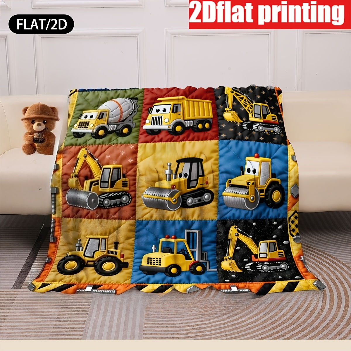 TEMU 2d Flat Printing, 1pc Fleece Blanket, Construction Vehicle Theme. Warm, Soft, Comfortable, Featuring Excavators, Bulldozers, And Other
