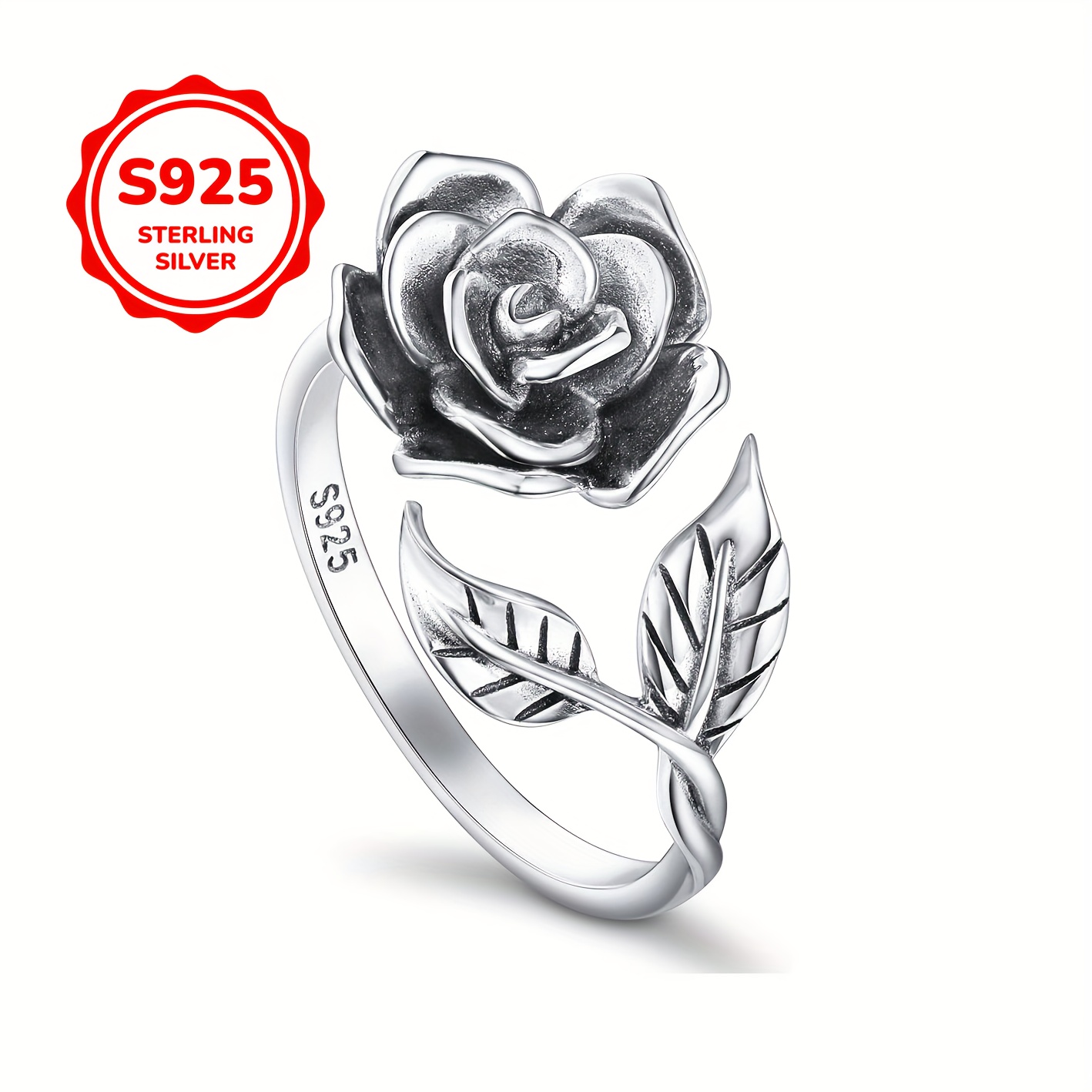 Women's Adjustable Retro Rose Flower Ring in S925 Silver
