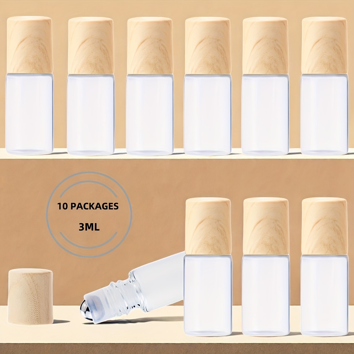 Image of 10 Bottles With Balls - Leak-proof Clear Empty Glass Sample Bottles For Essential Oils, Aromatherapy, And Perfume | Plastic Lids With Wood Grain Pattern - Refillable Travel Containers