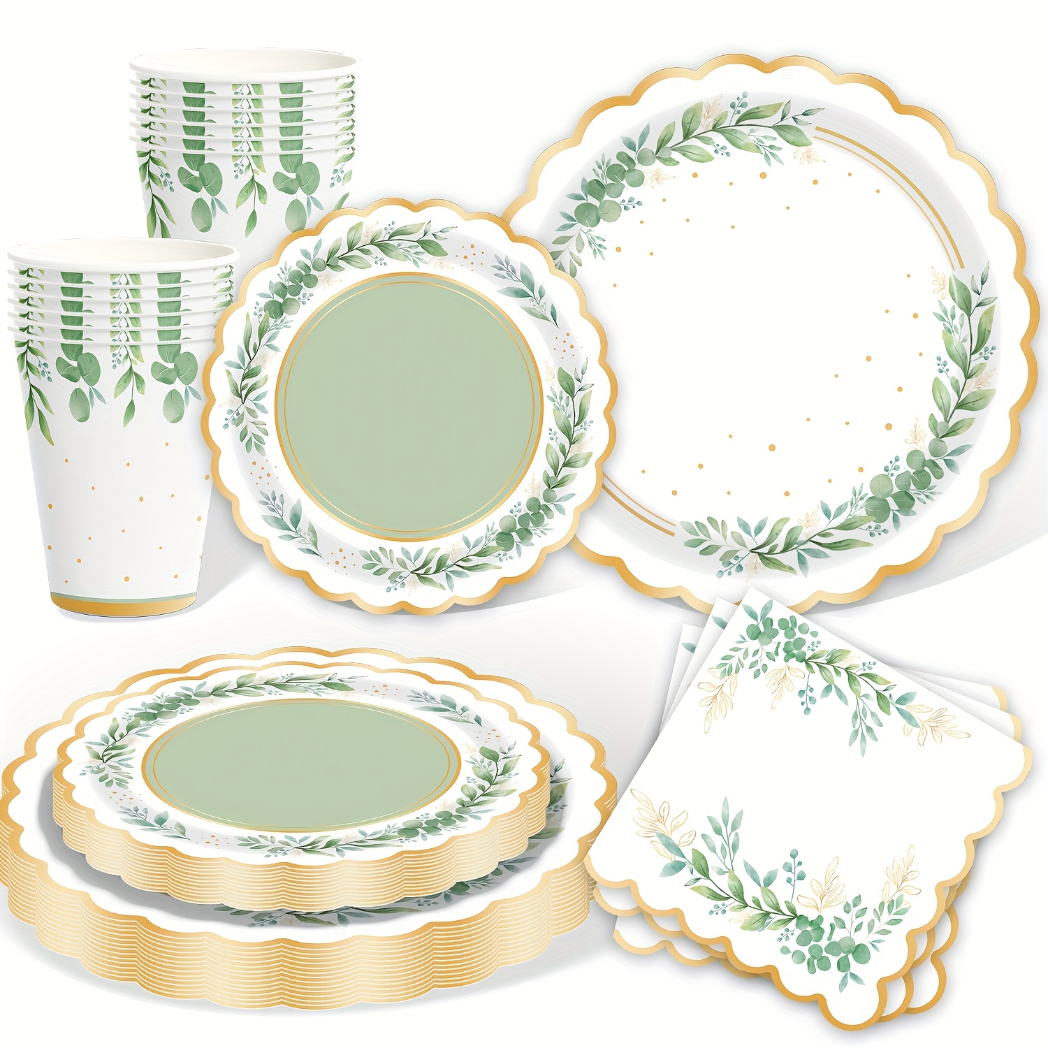 Sage Sage Green Decorations, Sage Green Plates, Bridal Shower Paper Plates Cups And Napkins Sets, Eucalyptus Tableware For Birthday Baptism Wedding Shower Decorations