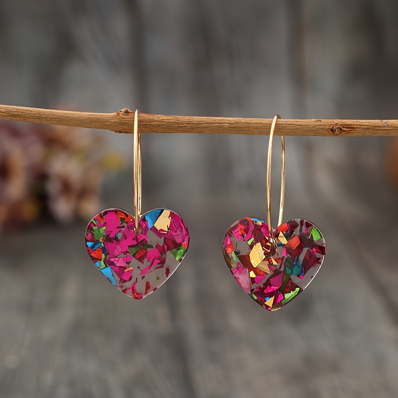 

1 Pair Of Vintage-inspired Resin Heart Dangle Earrings With Sequins - Ideal Valentine's Day Gift For Women, Wear, Cute Earrings