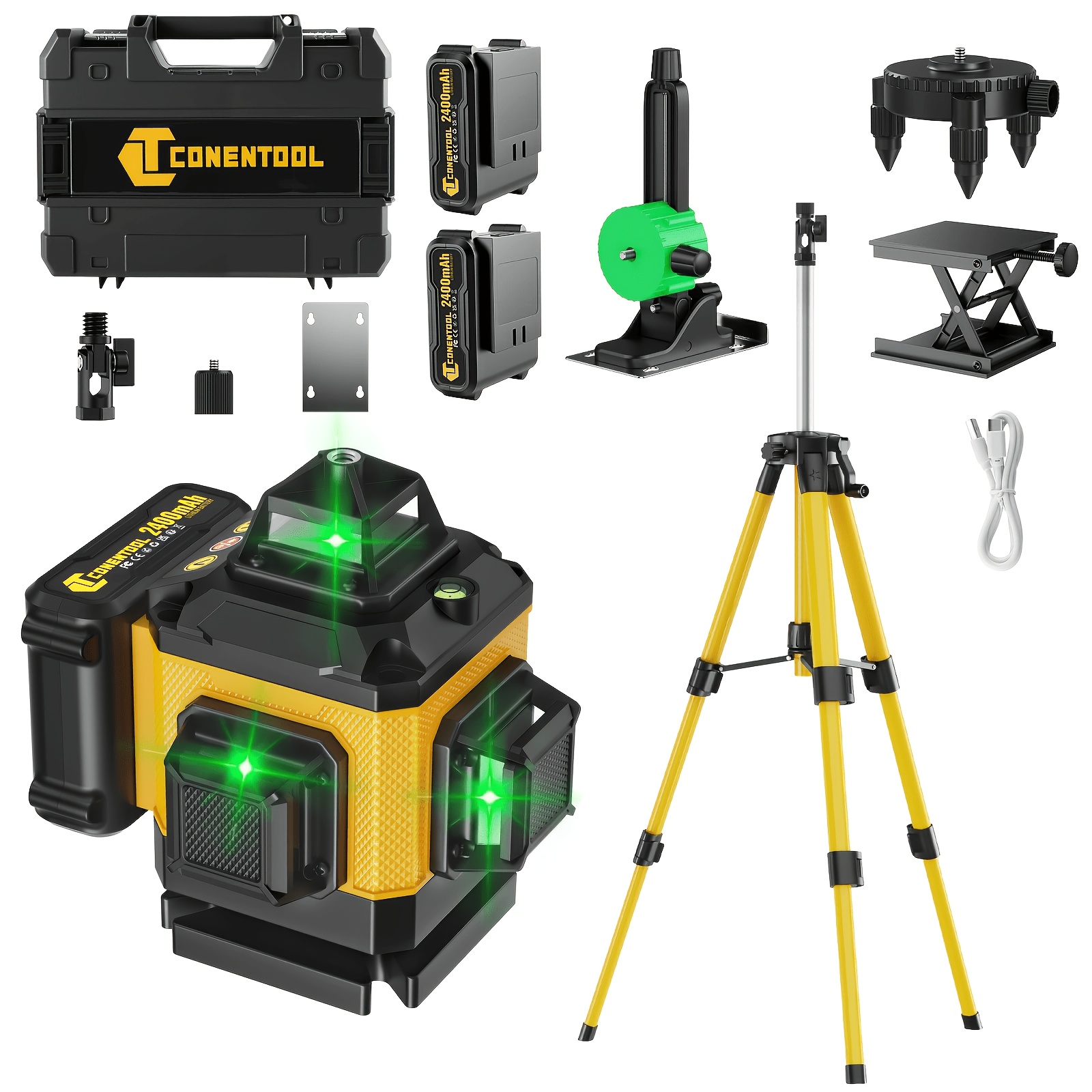 Laser Self Leveling, Green Line 4d 16 Lines Laser Leveler Tool Cross Laser With Platform Wall-mount Bracket Plate Carrying Batteries Set