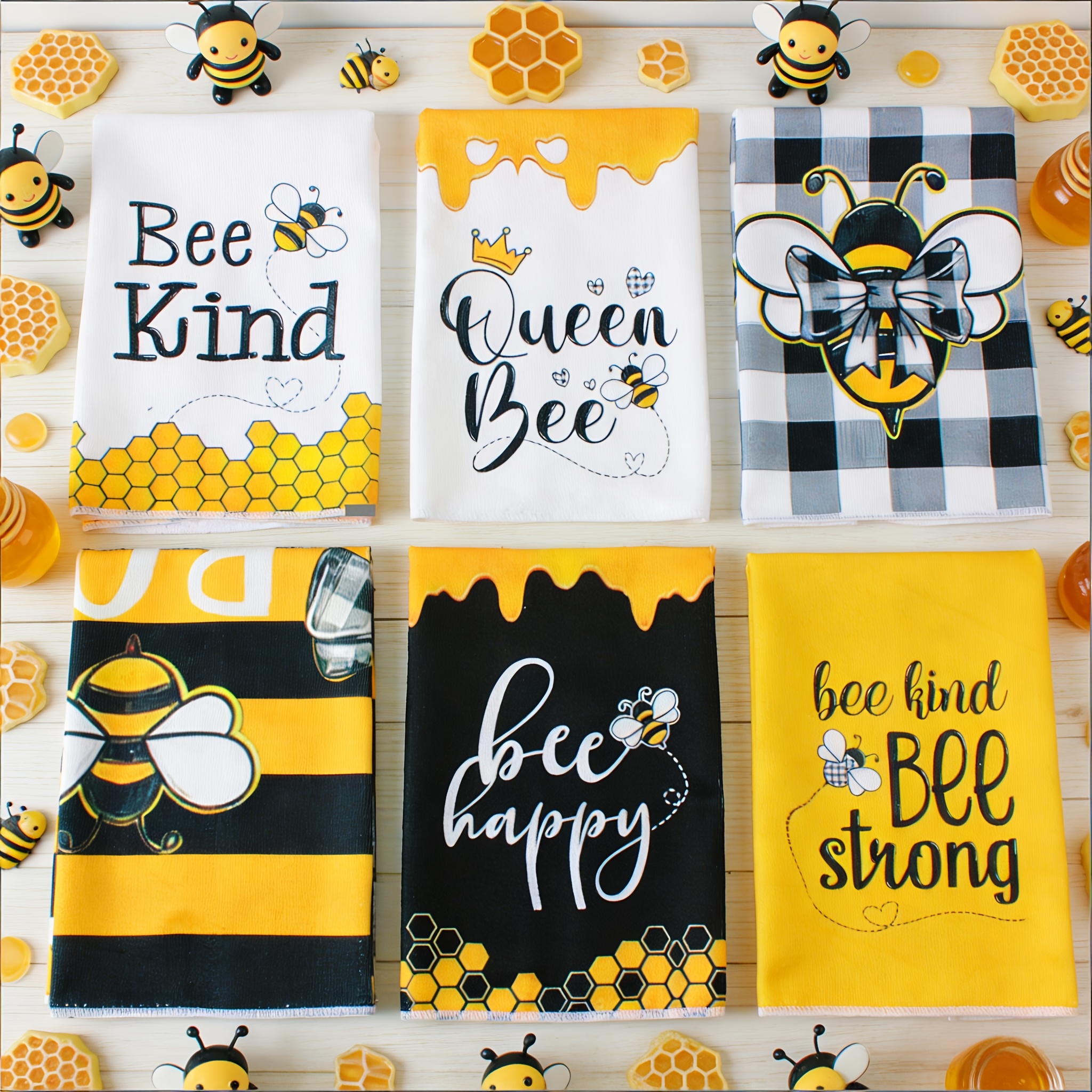 TEMU 6pcs Bee-themed Dish Towels Suitable For Kitchen, 16x24 Inch Print Cloths, Hand Washable Cleaning Rags With Bee Patterns, Housewarming Gifts &