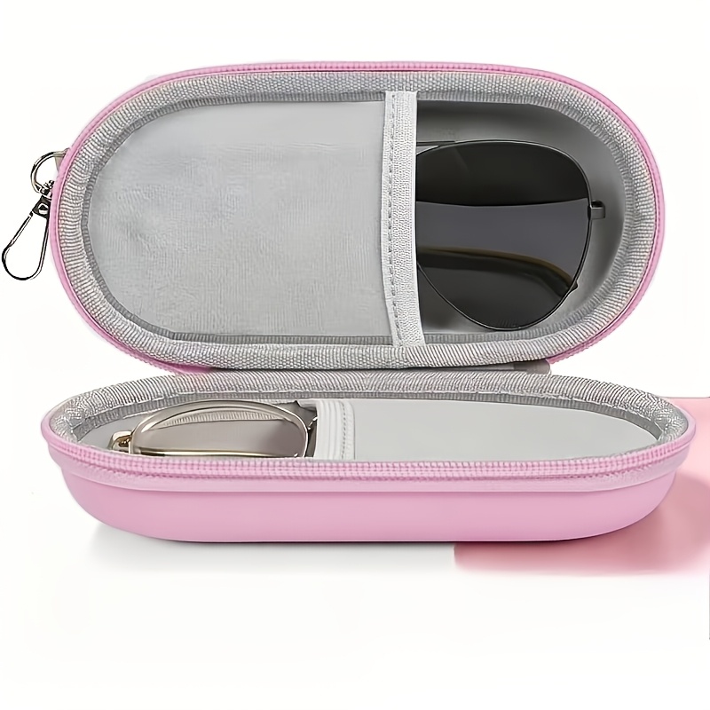 TEMU Compartment Case 2-in-1 Hard Shell Eyeglass Storage Holder, Portable Protective Glasses Case With Carabiner For Pairs, Pink