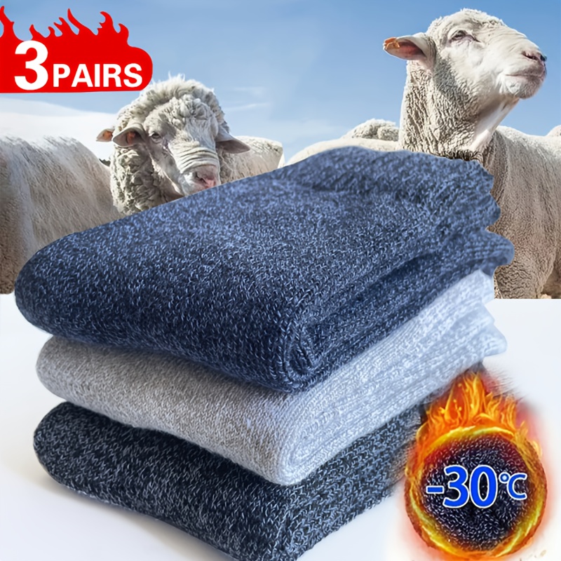 TEMU 3-pair Ultra-warm Men's Winter Socks, Thick Toweling Mid-calf Socks With Cold-proof Technology, , Sizes 38-44, Polyester Blend Knitted Fabric