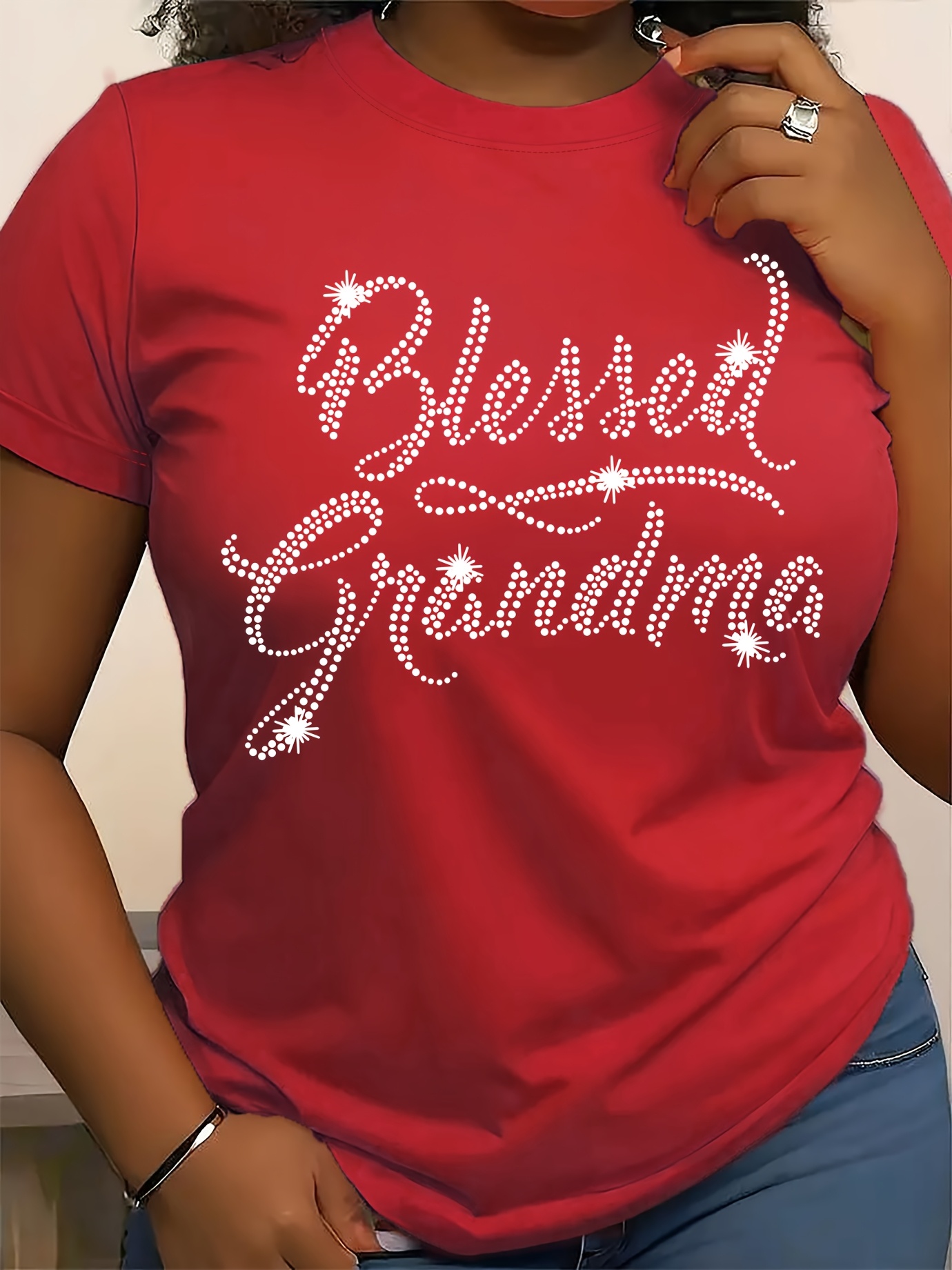 Rhinestone Letter Print Crew Neck T-Shirt, Casual Short Sleeve T-Shirt For Spring & Summer, Women's Clothing