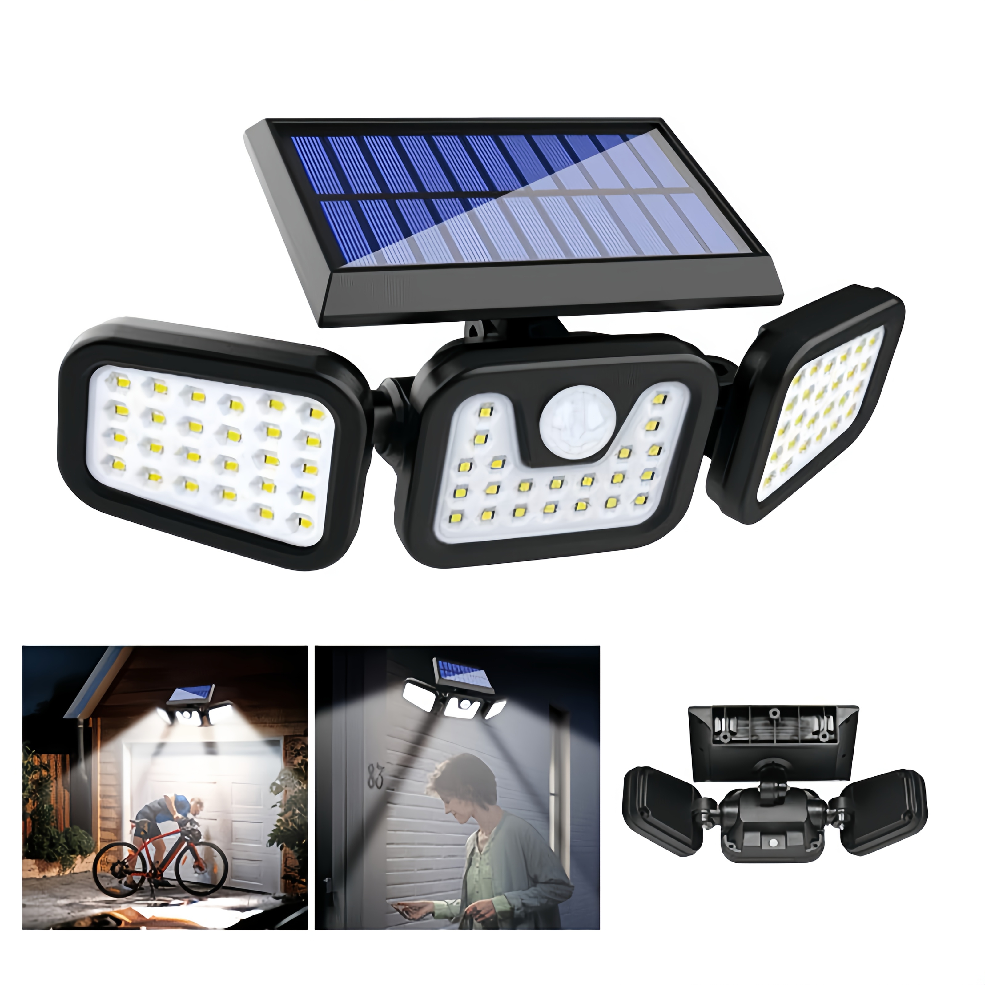 TEMU (Lot de 1/2) Lampe Murale Solaire d'Extérieur à Trois Têtes avec Capteur, Lampe Solaire de Clôture, [74 LED/3 Modes] Éclairage 270°, Lampe