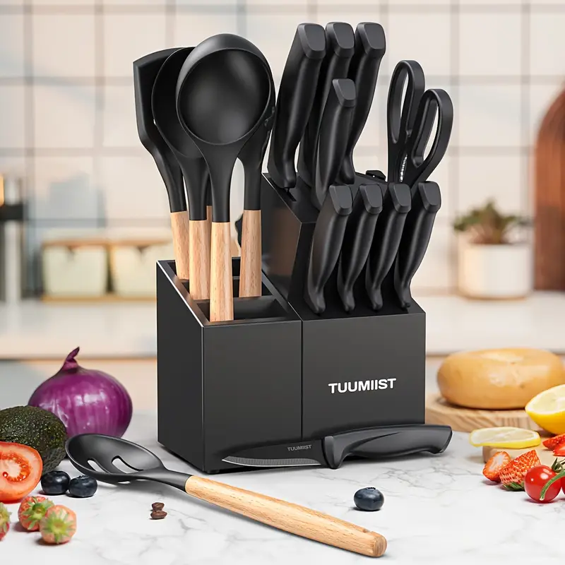 knife block knife set 18 piece kitchen knife set for daily use 10 knives and 6 silicone utensils details 1