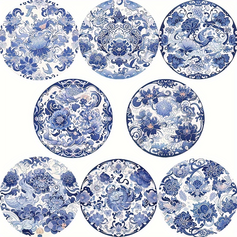 

8-piece Set Traditional Blue And White Porcelain Pattern Wooden Coasters - Heat Resistant Decorative Drink Mats For Cups - Ideal For Home, Cafes & Party Decorations