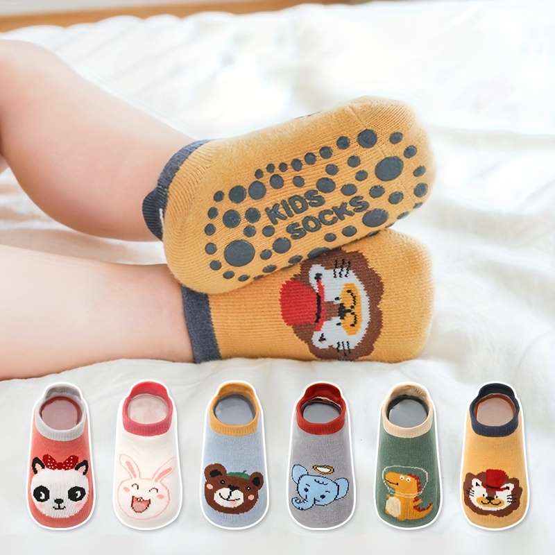 

6 Pairs Of Baby Boys Socks, Cute Cartoon Animal Pattern Non-slip Cotton Toddler Socks With Grips, Boys And Girls, Infant Walking Floor Socks