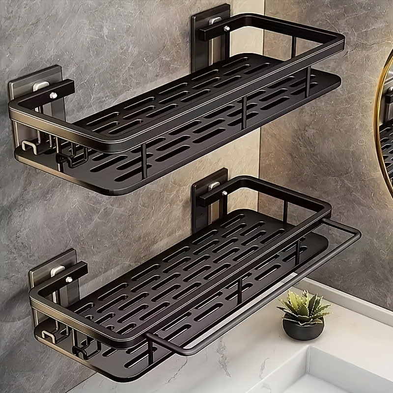item picture 2pcs black wall mounted storage shelf with   heavy duty plastic no drill     installation space saving bathroom and kitchen organizer shower shelf system multi layer rack for toiletries cosmetics essentials shower caddy