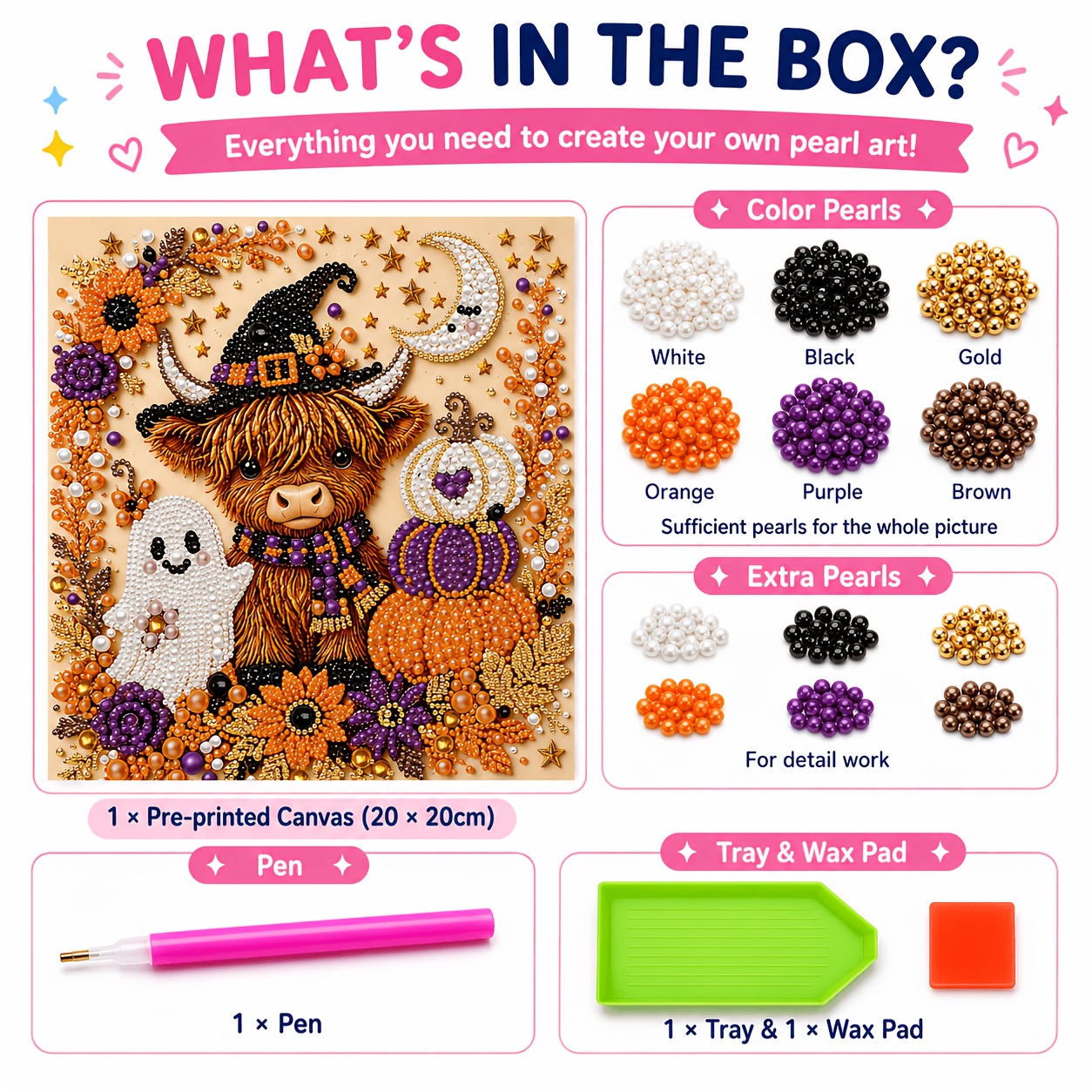 TEMU Hot Halloween Highland Cow Pearl Drill Square Canvas Painting Kit, Pumpkin Sunflower Crescent Rhinestone Pearl Art Canvas, Full Set Of Handcraft