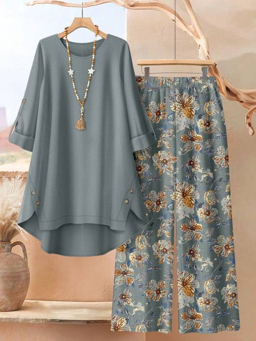 plus size a 2pcs set of a solid color irregularly hemmed with floral printed trousers exuding