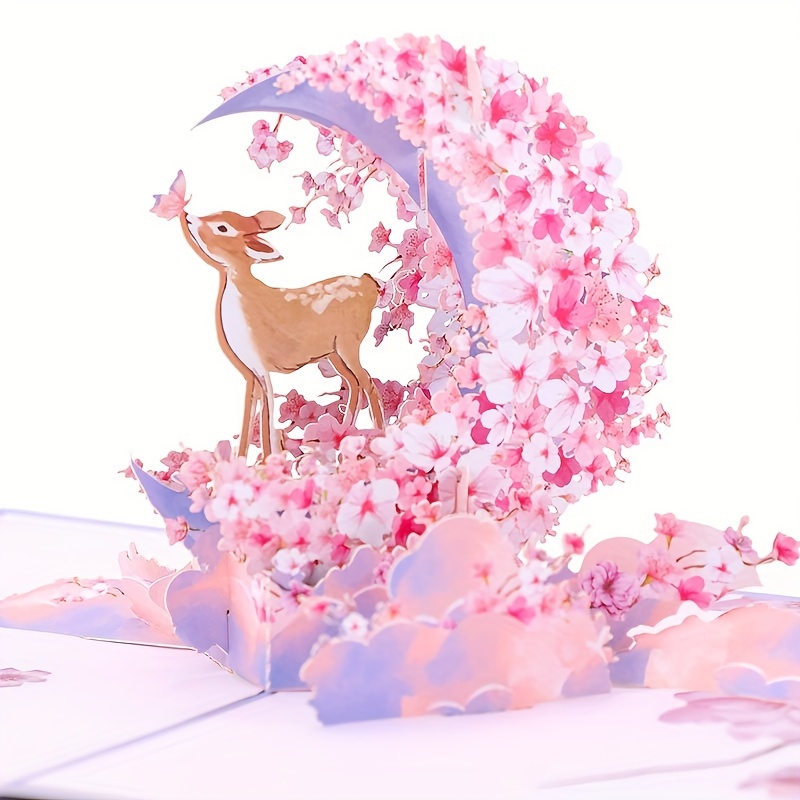 

1pc, Cherry Blossom With Deer Pop Up Card, Happy Anniversary Day, Happy Valentine's Day, Happy Mother's Day Happy Birthday Greeting Card With Small Note Card And Envelop