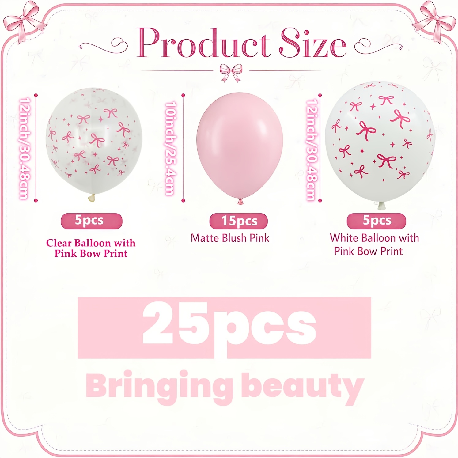 TEMU 25pcs Pink White Bow Print Latex Balloons, Party Balloons, Light Pink Transparent Print Balloons, Suitable For ' Birthdays, Welcome Parties,