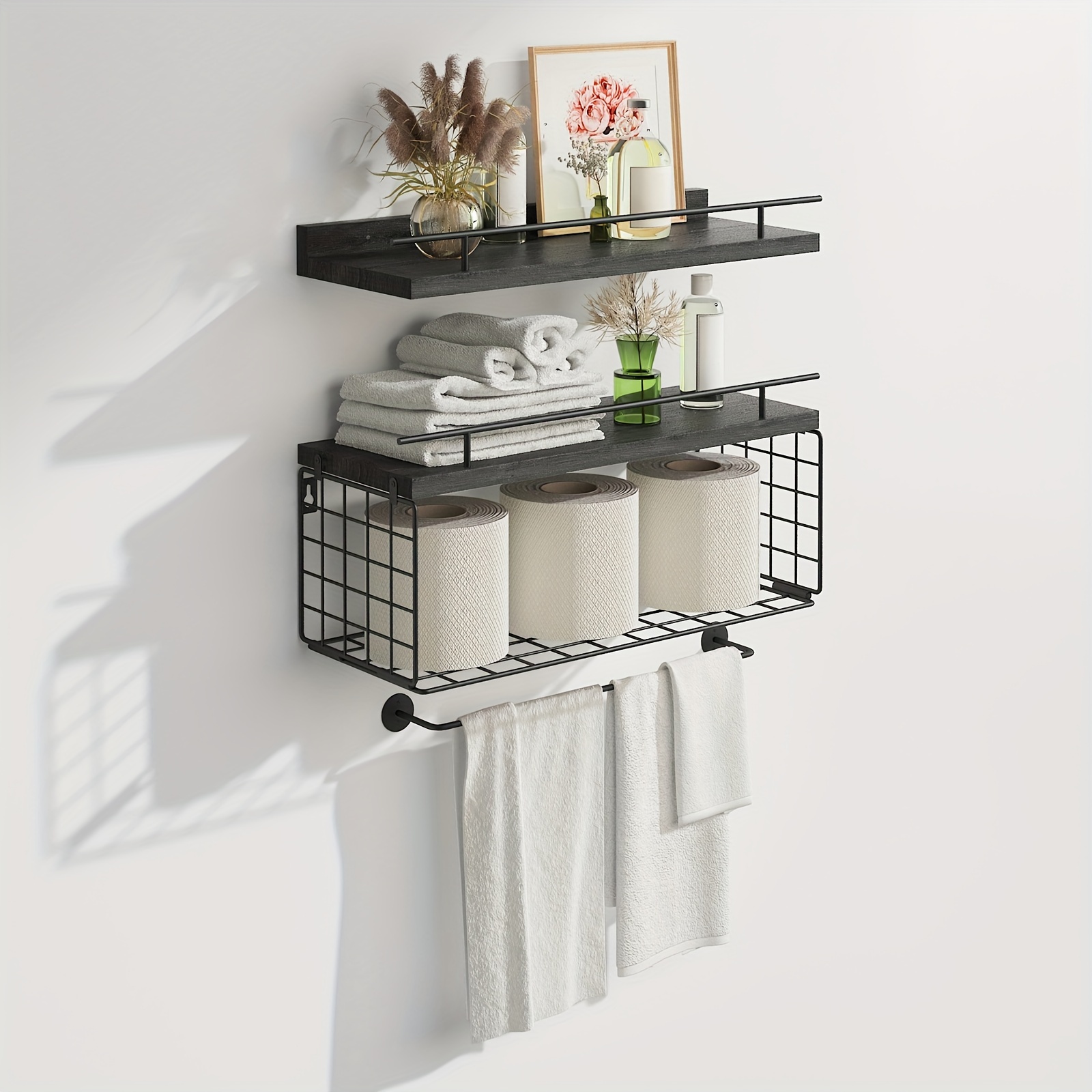

3-shelves Floating Shelves, Bathroom Wall Decor With Storage Basket, Offer A Secure Storage Space For Bathroom Accessories, Shelves With Towel Rack For Bedroom (black)