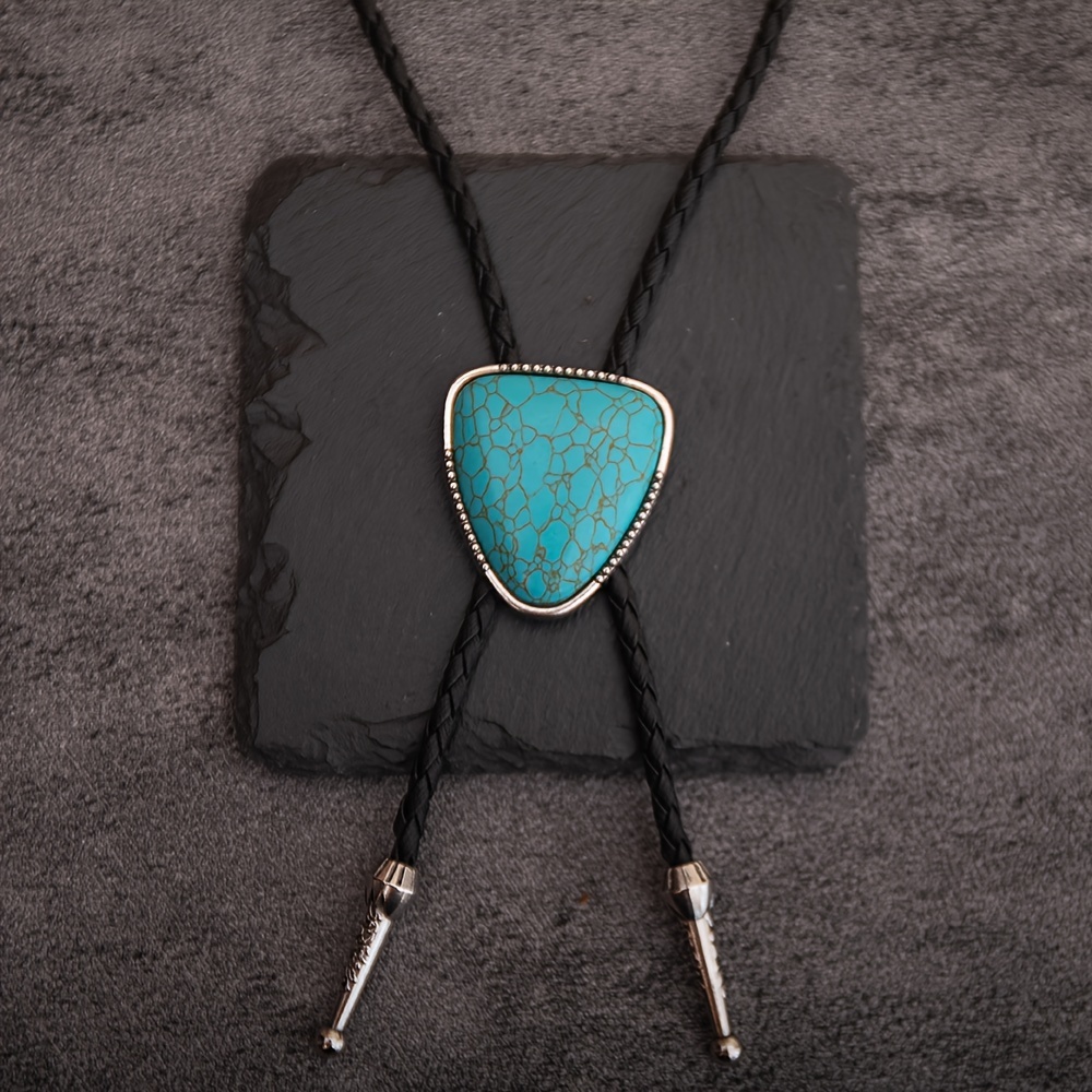 Western Style Bolo Tie Necklace with Turquoise Stone, Adjustable Length