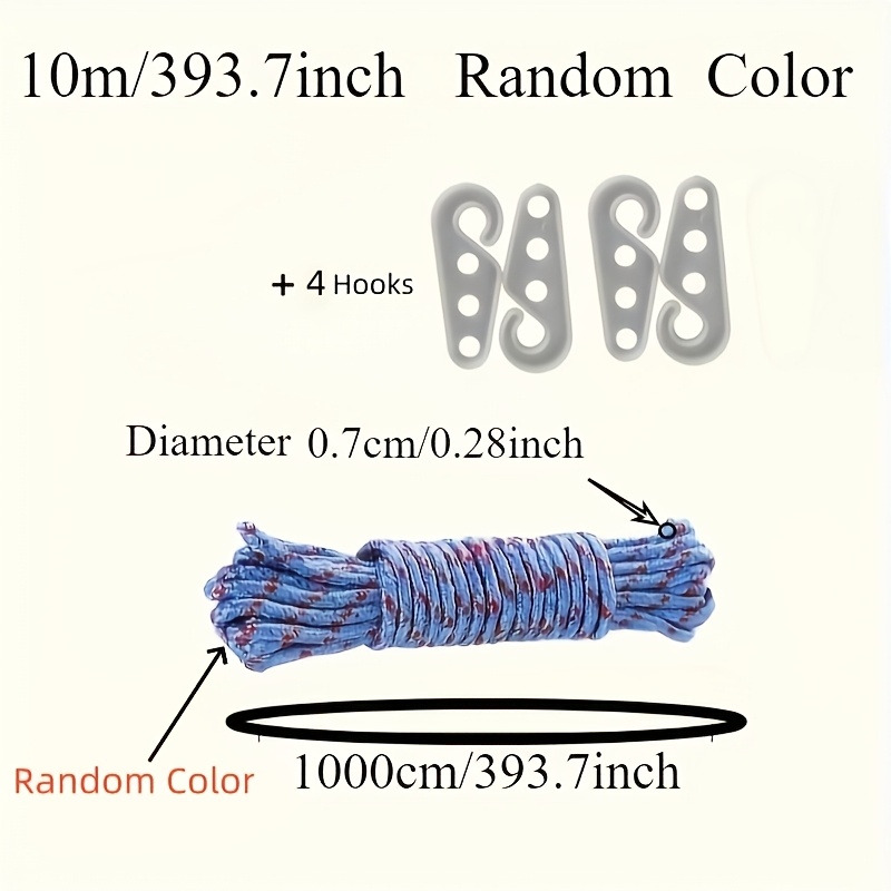 TEMU 5pcs Set, 10 Meters/393.7 Inches Of Nylon Rope And 4pcs Hooks, Used For Securing And Dragging Items, Camping Additions, Indoor And Outdoor