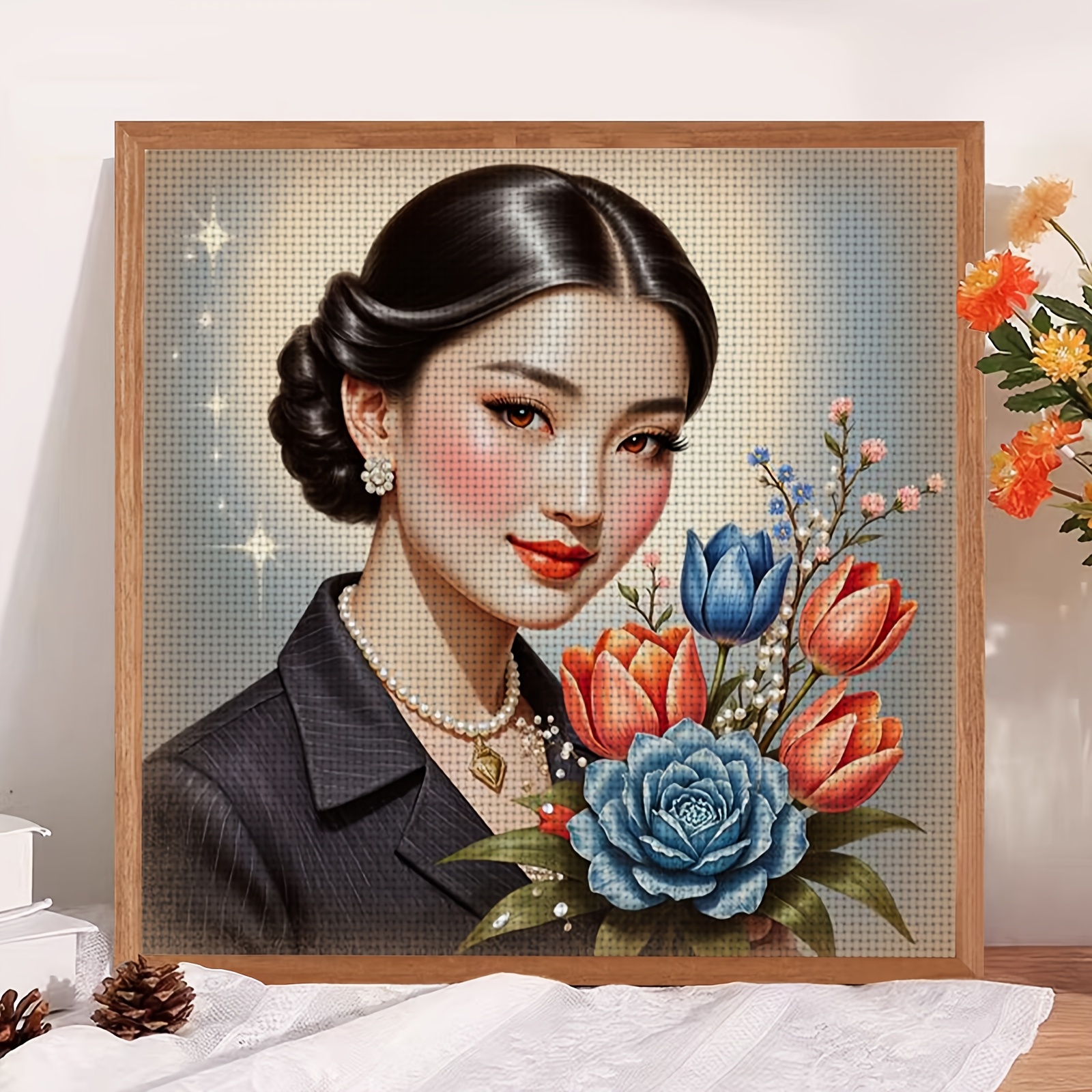 DIY Cross-stitch Printed Kit, Unframed, "Child Holding a Bouquet" Pattern