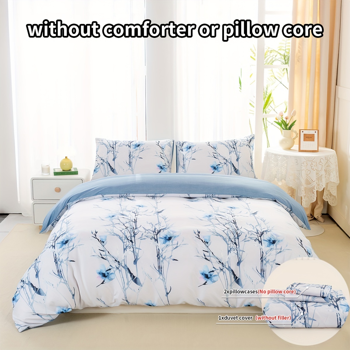 

3pcs Duvet Cover Set, Blue Floral Print, Ultra-soft Microfiber Duvet Cover With 2 Pillowcases, Blue And White Floral Branches Design, Breathable & Machine Washable