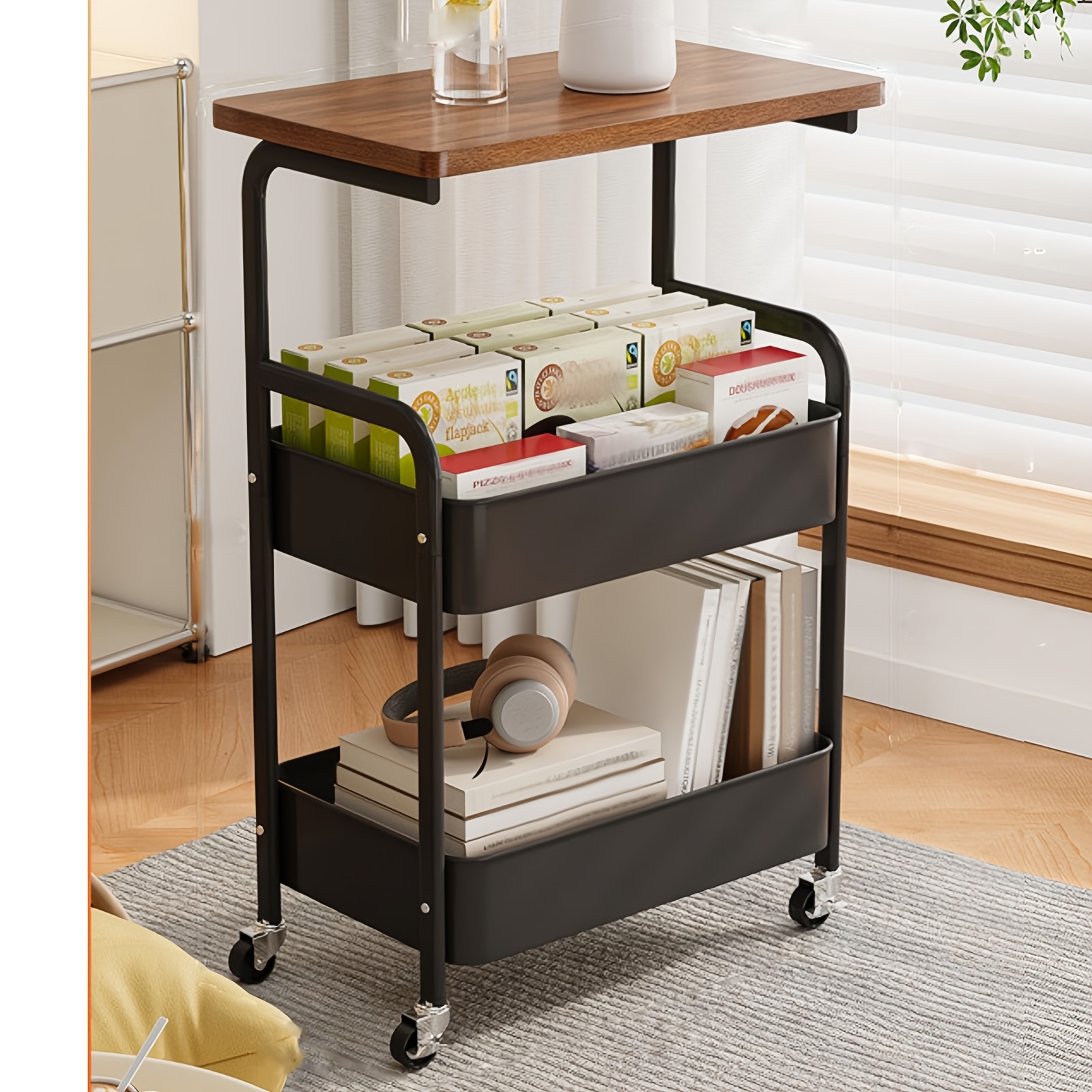 TEMU 3 Tier Rolling Cart Metal, Narrow End Table With Storage, Side Table With Wheels For Couch, Bedroom, Living Room, Study, Dining Room, Office
