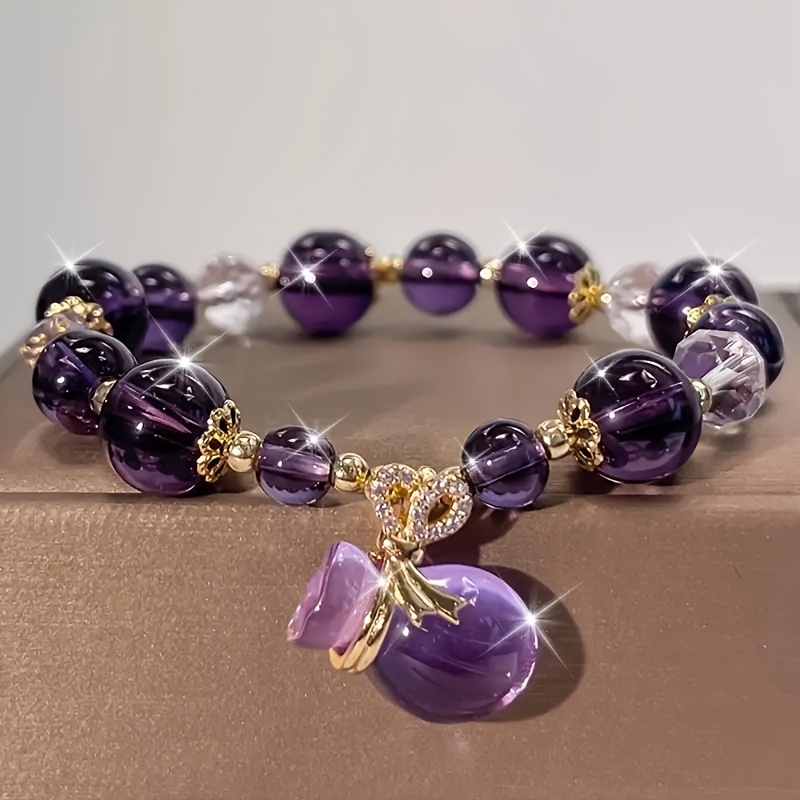 

Bracelet Élégant en Perles d'Améthyste avec Pendentif Sac de en Cristal - Charme d'Énergie Porte- pour Femmes et Filles