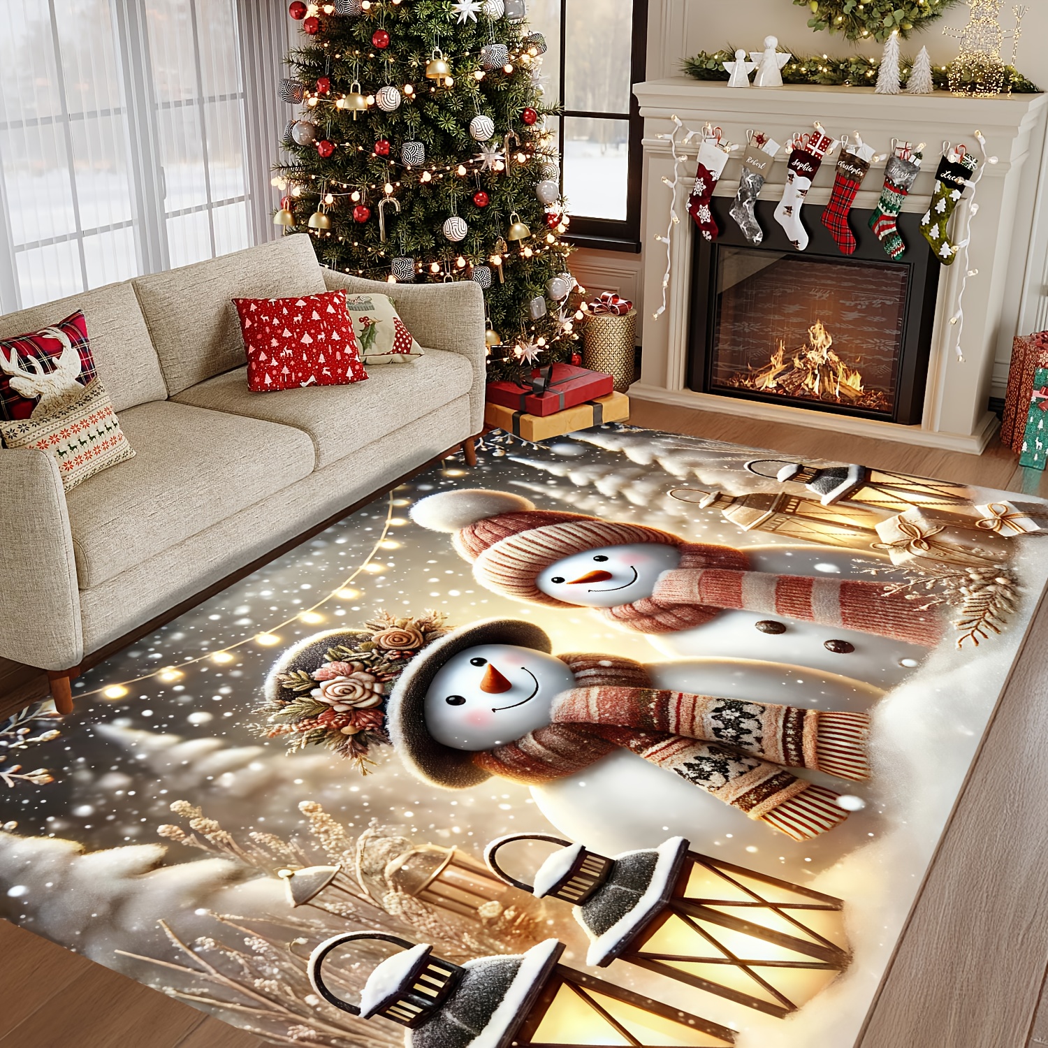 TEMU [ Product]xmas Snowman And Gift Area Mat - Washable, Made Of High-quality 0.47-inch Thick Flannel Material, Suitable For Living Room, Bedroom,