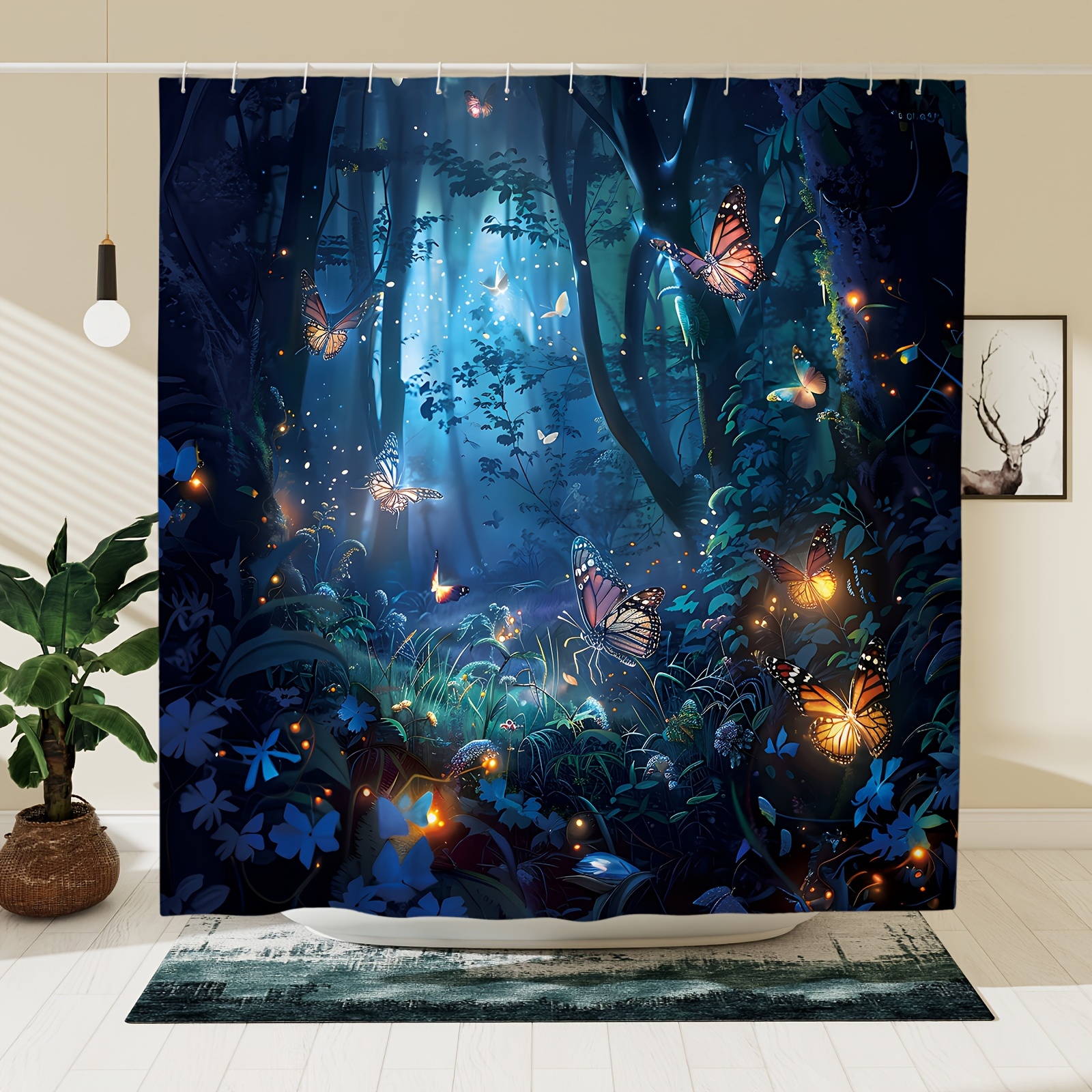 

1pc Magic Forest Pattern, Waterproof Bathroom Partition With Hooks, Decorative Bathroom, Bathroom Accessories, Home Decor