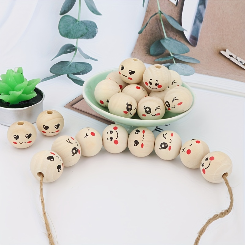

24pcs 20mm Cute Expression Pattern Wooden Beads, For Diy Jewelry Making Accessories