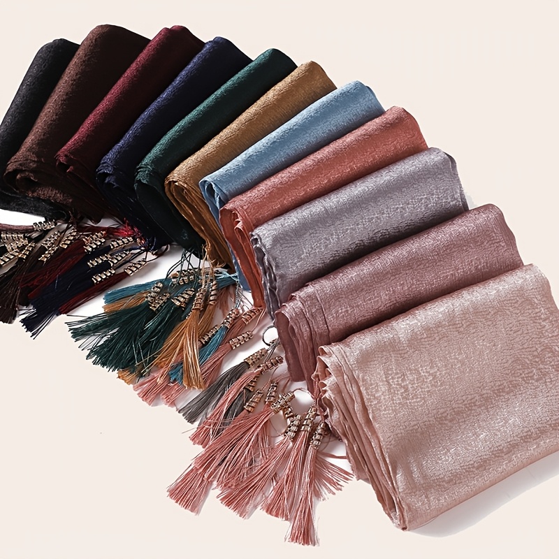Women's Satin Solid Color Jacquard Tassel Headscarf/Bandana