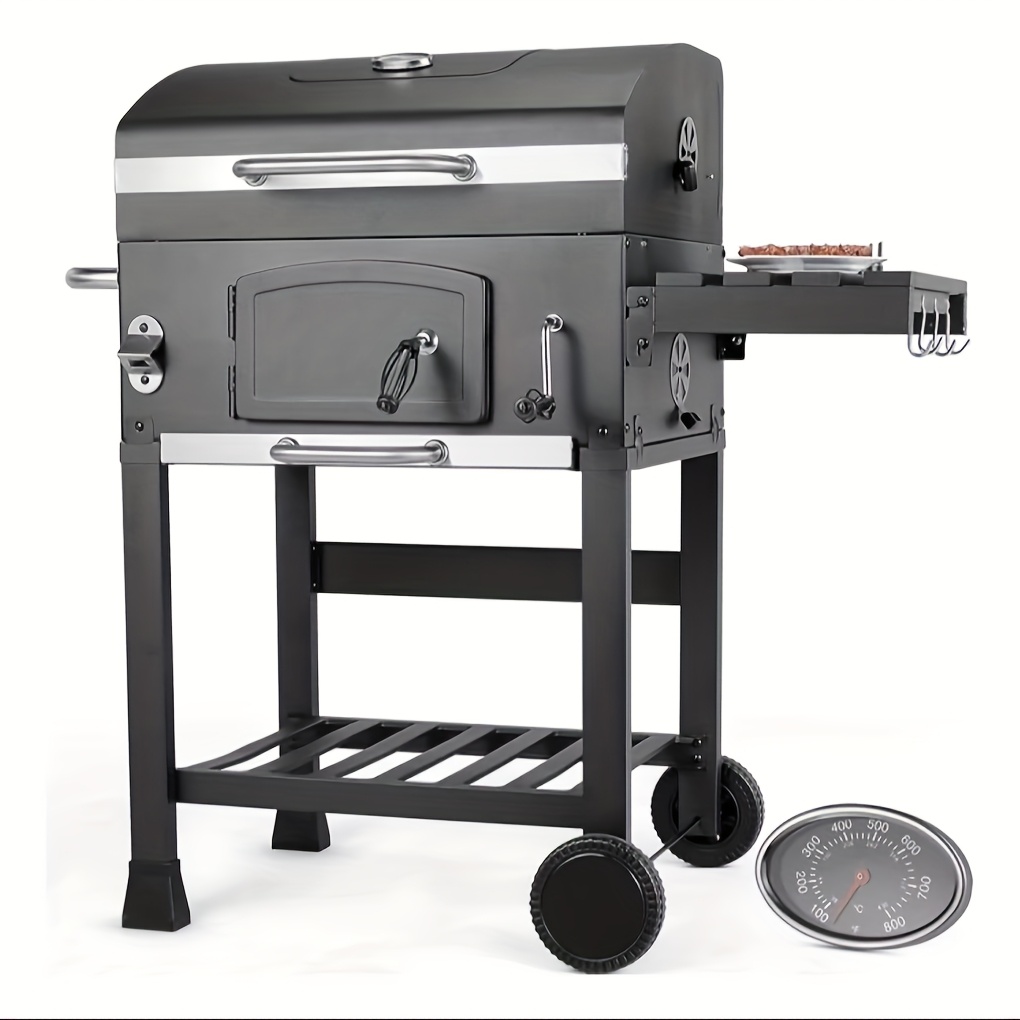 Image of Charcoal Grill With Lid, Grill Grill Cart Bbq Xl, Charcoal Grill Cart With Wheels, Grill Grate And Thermometer, Charcoal Grill With Shelf, Standing Grill, Large Charcoal Grill Cart For Camping, Garden