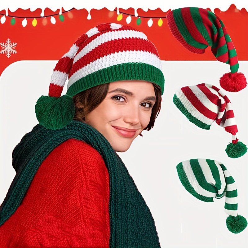 

Bonnet de Noël avec Pompon - Chapeau Tricoté à Rayures Rouges et Blanches, Ajustement Élastique pour Toutes les