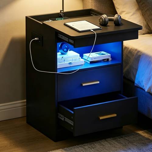 2 drawer white black bedside table with led light charging station and usb ports nightstand for bedroom apartment