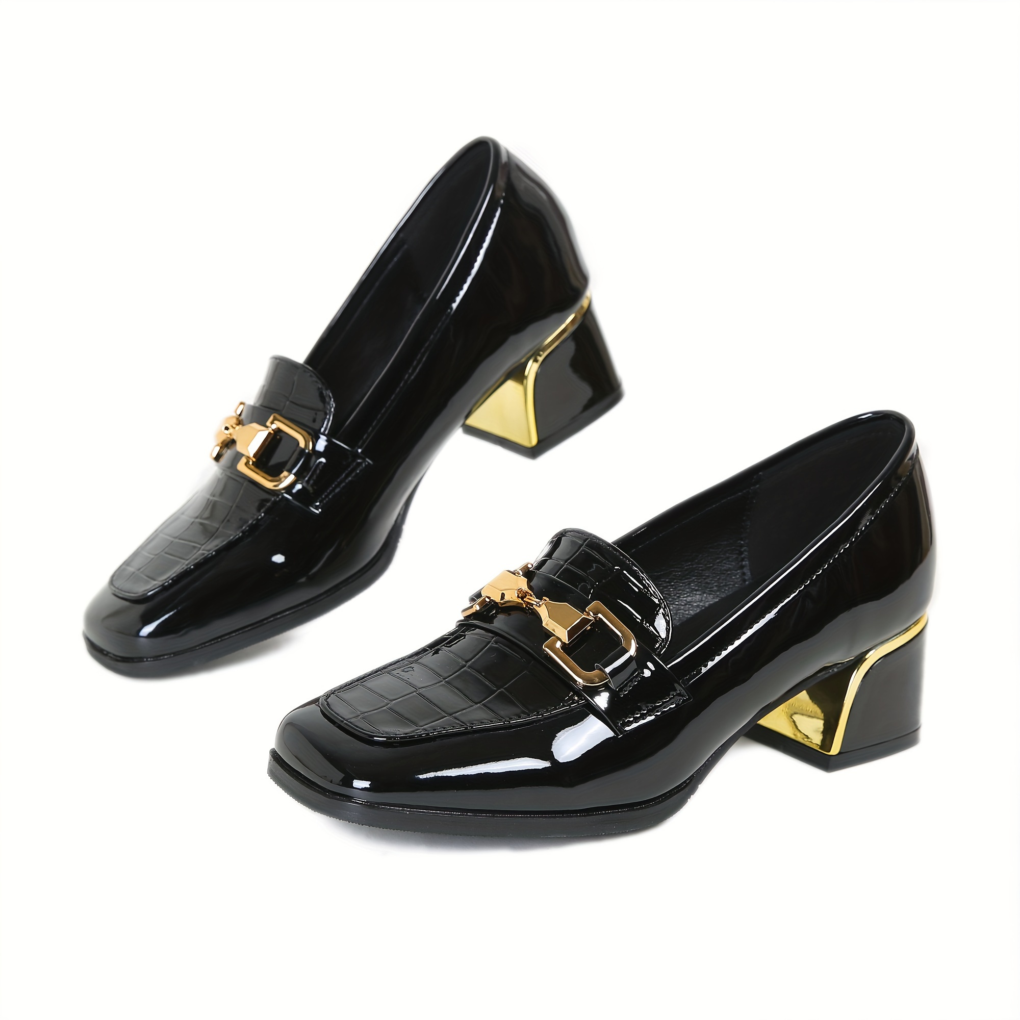 Women s Chunky Heeled Loafers Buckle Decor Square Toe Slip 