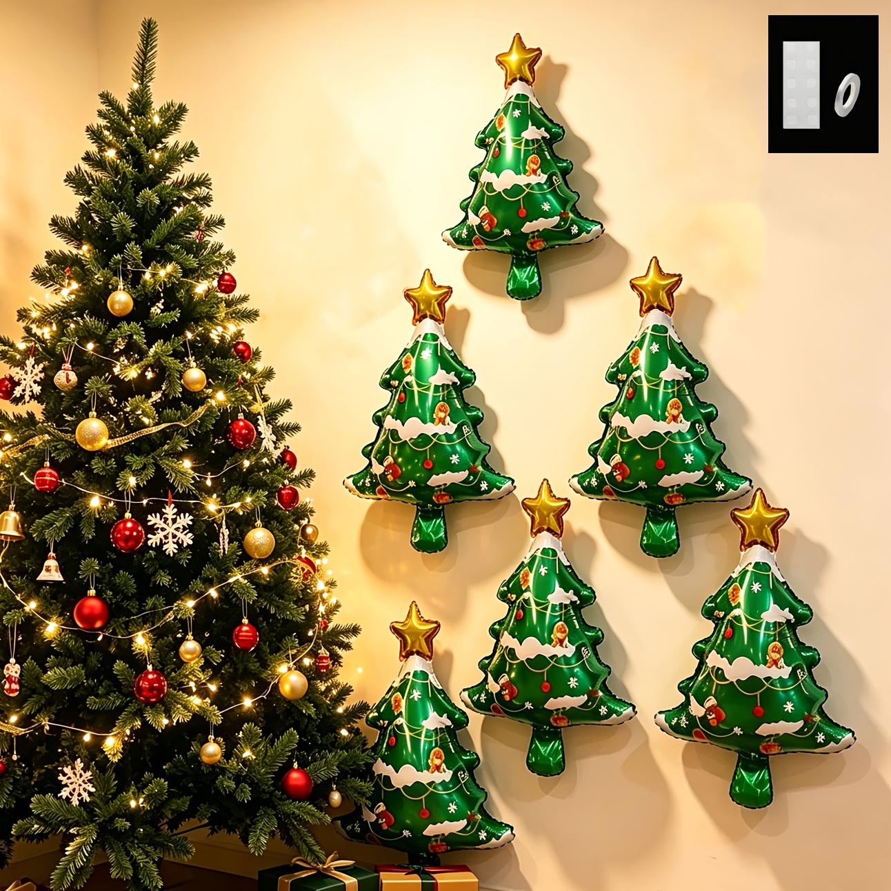 TEMU Ensemble de 6 ballons en aluminium d'arbre de Noël de 16 pouces avec ruban et colle à points, idéal pour la décoration de Noël, avec ruban et