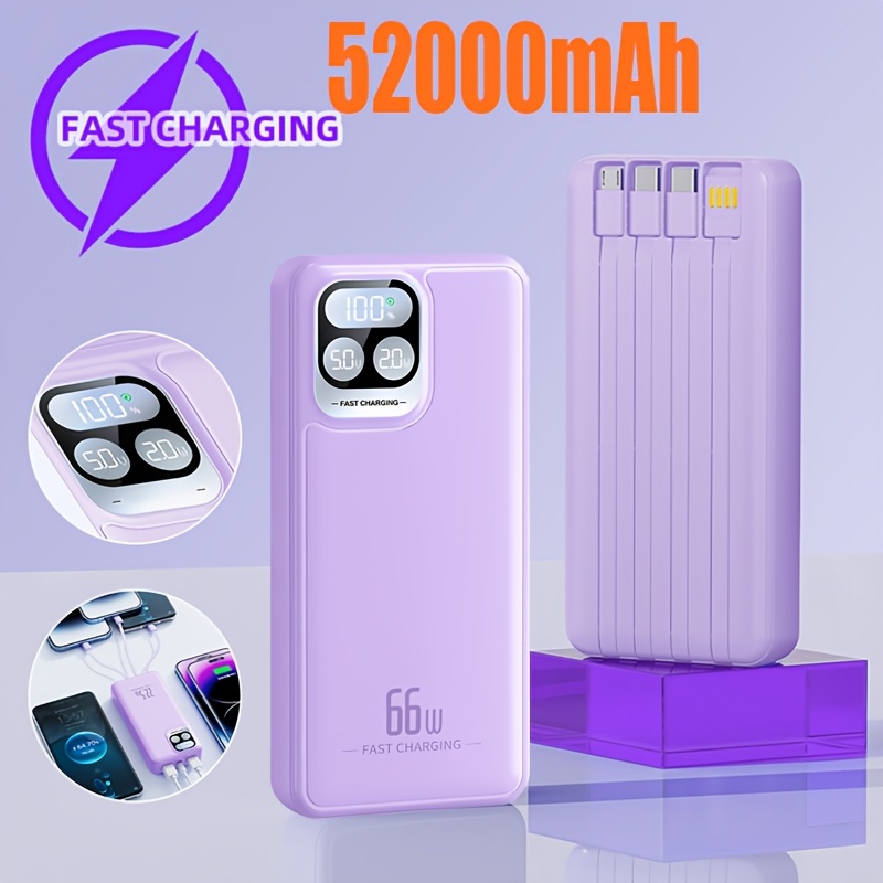 TEMU 52000mah Portable Fast Charging 66w Fast Charging Power Bank Usb C Led Display Travel Battery Pack Type-c Portable Charger With Built In Cable