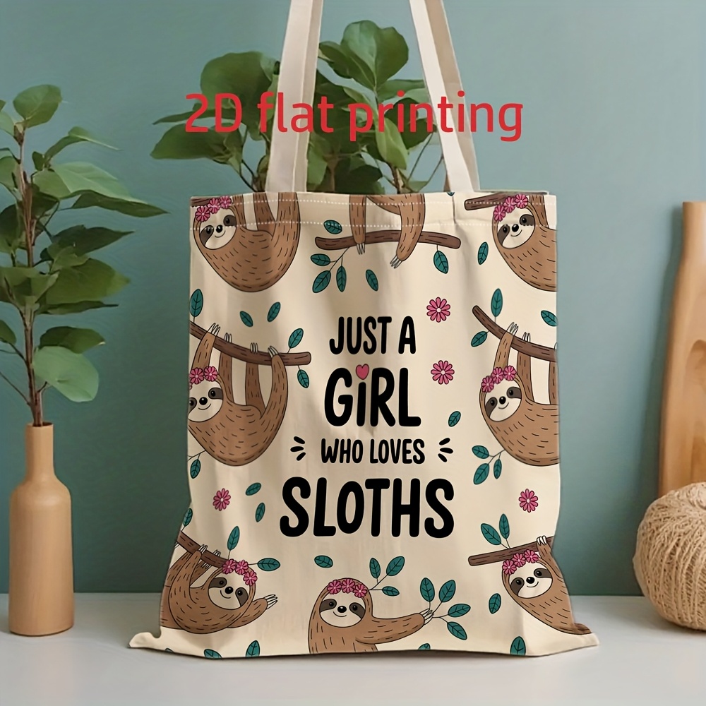 TEMU 2d Flat Unisex Canvas Tote Bag With Lazy Sloth Pattern, Reusable Shoulder Tote Bag For Casual Vacation, Gym, Stationery, Books - Birthday Gift,