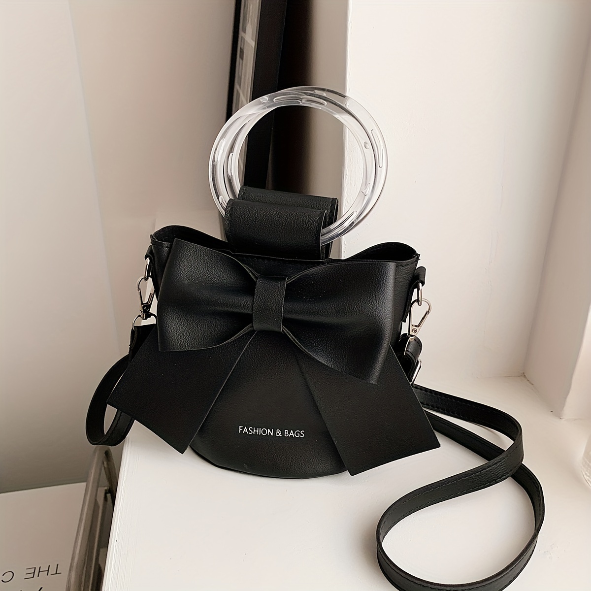 

Stylish Women's Bucket Bag With Detachable Strap And Elegant Bow Accent - Casual Shoulder & Crossbody Purse In Black, White, Pink, , Crossbody Bag | Chic | Sleek Texture