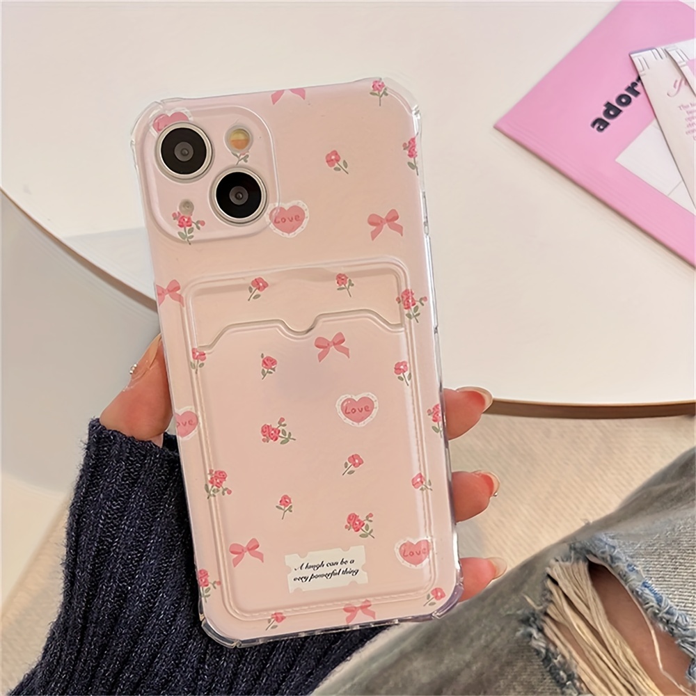 Korean Cute Love Heart Flower Bowknot Wallet Card Holder Bag Phone Case For iPhone 11 12 13 14 15 Pro Max Lovely Soft Shockproof Cover