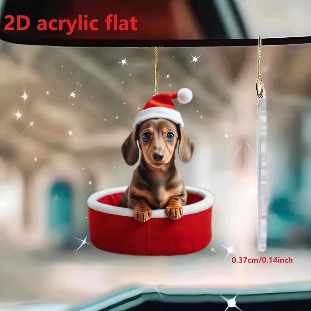 

1pc Christmas Dachshund Pendant Acrylic Flat Ornament, Universal Holiday Car Rearview Mirror & Backpack Keychain Decoration, Power-free Hanging Festive Accessory