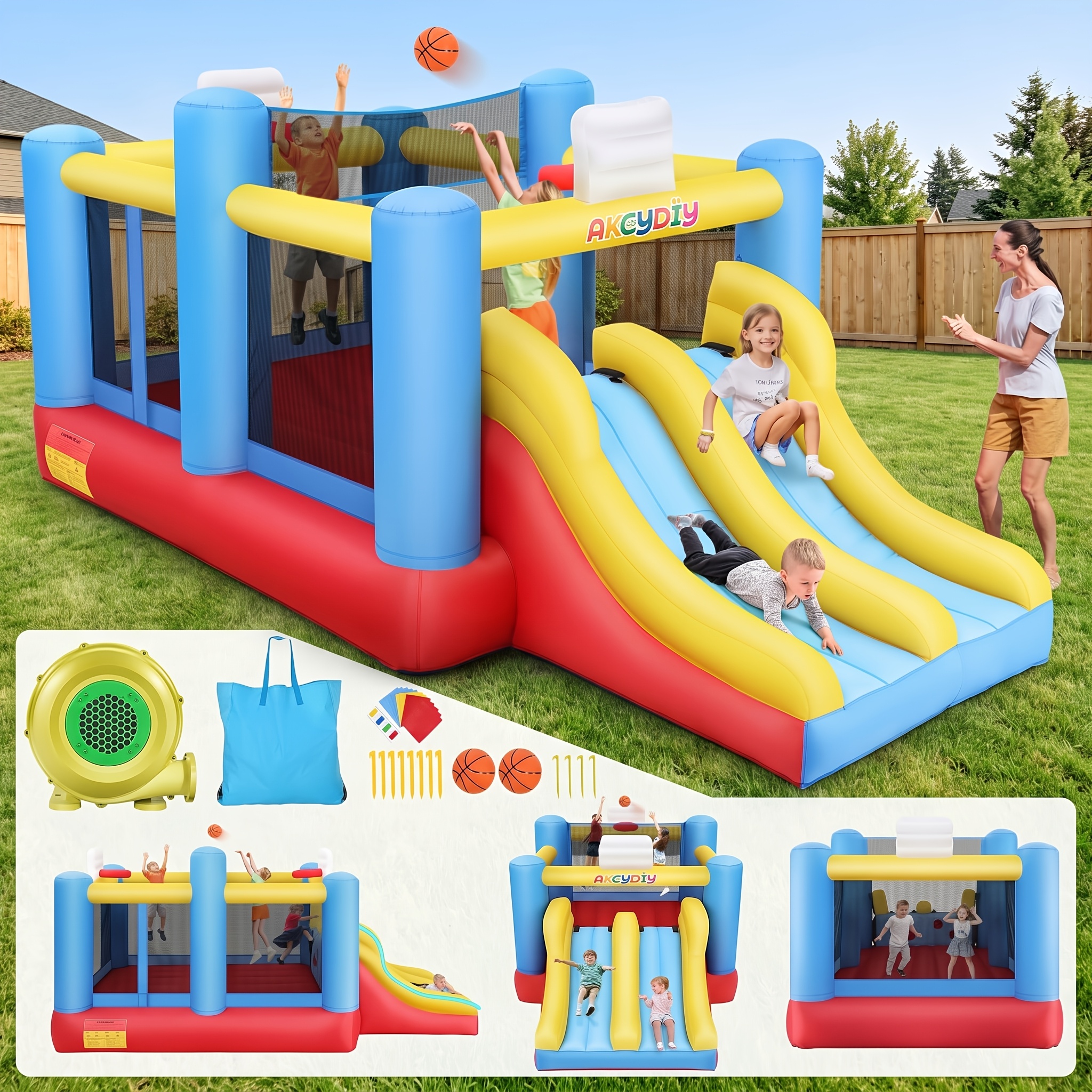 Image of Inflatable Bounce House With Blower, Double Slides Climbing Wall Basketball Hoop And Net, Large Trampoline, Suitable For Indoor Outdoor, 840+420d Oxford Cloth