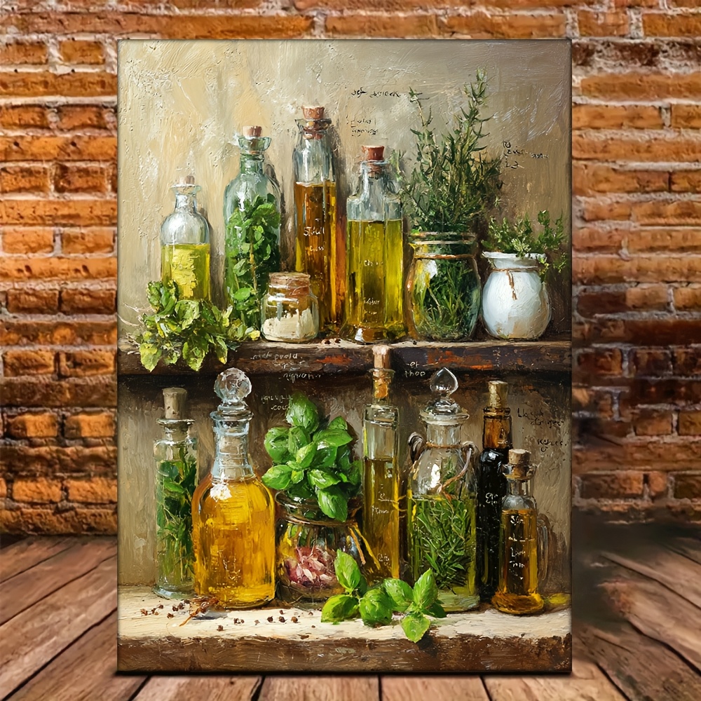 TEMU 1pc Framed 12x16 Inch Chart Oil - Labeled Herbs & Spices Kitchen Wall Art With Botanical Guide (basil, Rosemary, Thyme), Wood Frame For Home,