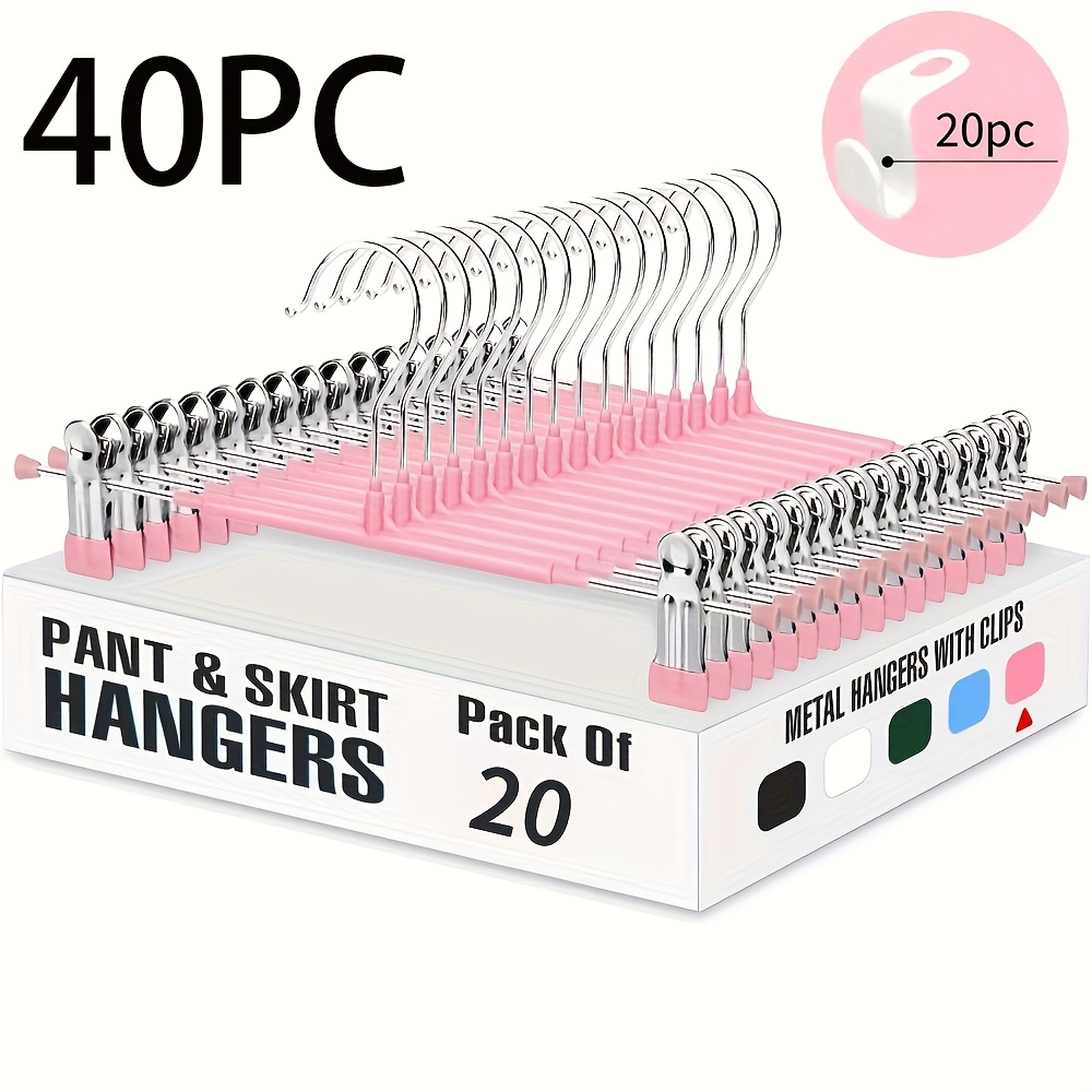 TEMU 40pcs Set 20pcs Heavy-duty Adjustable Metal Pant Hangers With Anti-slip Clips And 20pcs Hanger Hooks, Space-saving Pants And Skirt Hangers,