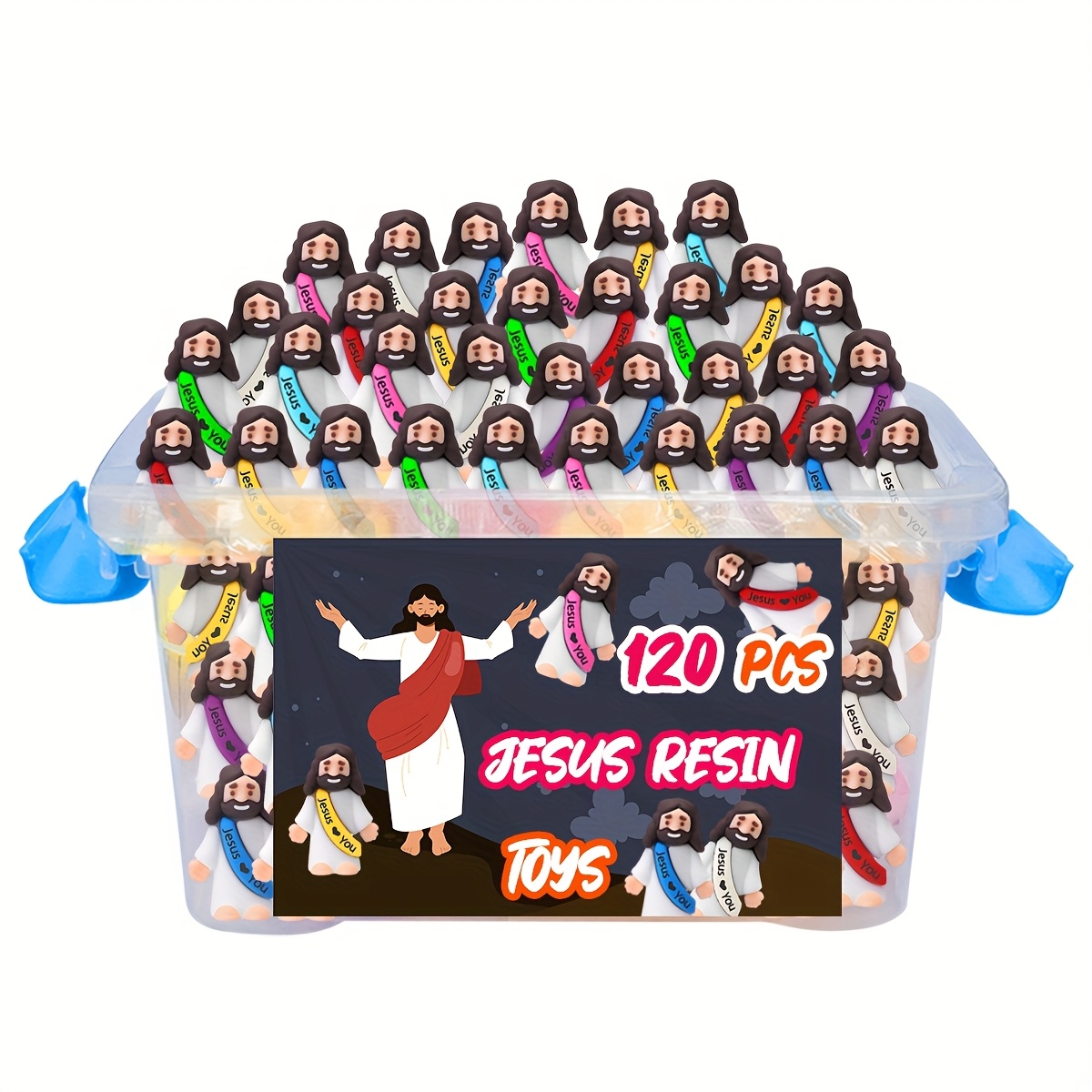 120-Pack Mini Jesus Rubber Figures, Assorted Styles in Box with Card Bags, Easter Hide and Seek Religious Party Favors, Sunday School Gifts, Non-Electric, Featherless