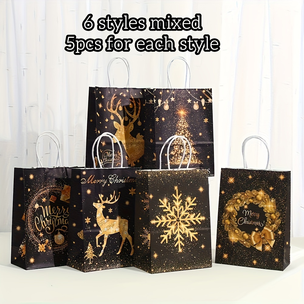 Image of 30pcs Black Christmas Gift Bags With Paper - Festive Tote Bags With Christmas Tree, Snowflake & Reindeer Designs For Birthday, Candy, Party Favors, Storage & Shopping